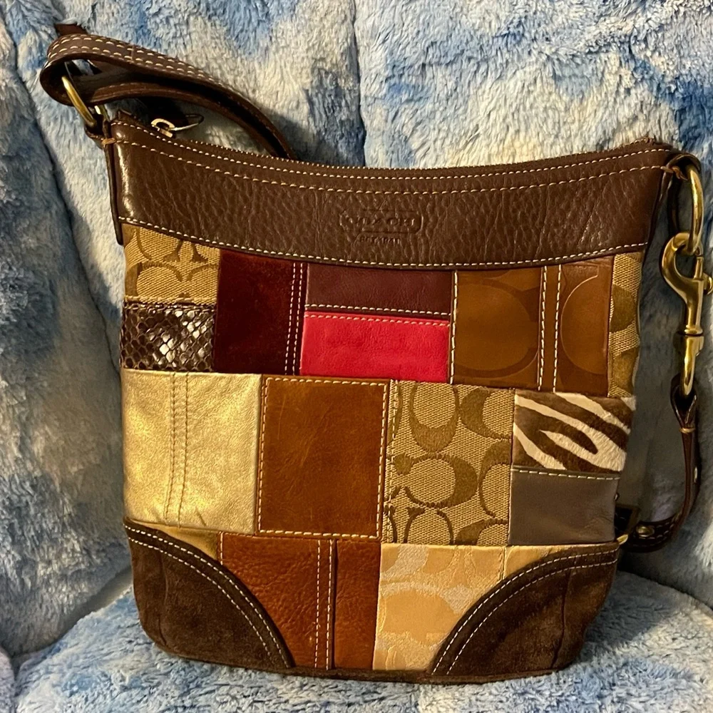 Coach Patchwork Shoulder Bag Leather Suede Signature Canvas Y2K Boho - Picture 3 of 10